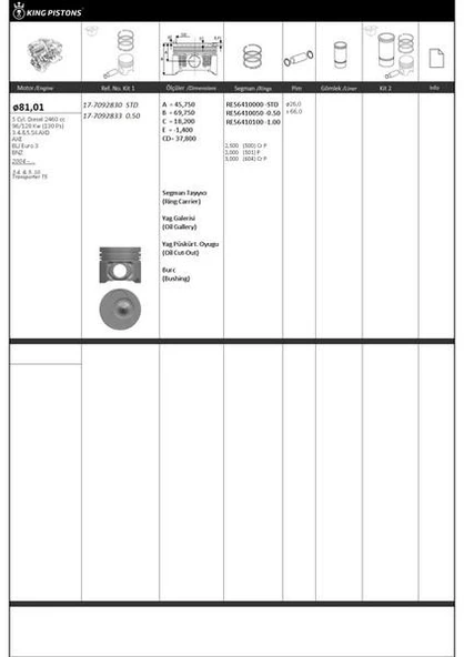 Vag Piston+segman (81,51mm 0,50 (5 Silindirli Motorun 3, 4, 5, Pistonları) Transporter T5 03>09 Touareg - Kingpiston 17-7092833 ürün görseli