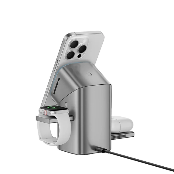 Recci RW05 Qi2 Şarj Teknolojili Ambiyans Işıklı Telefon&Akıllı Saat&Kulaklık 15W 3in1 Kablosuz Şarj Standı - Resim 4