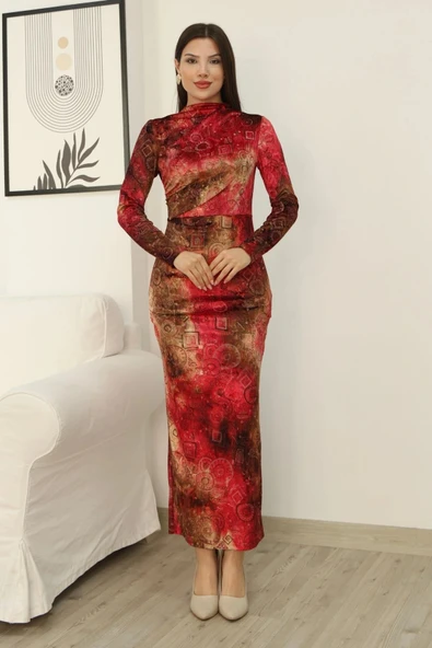 Desenli Büzgü Detaylı Premium Kadife Elbise 6063-Kırmızı - Resim 2