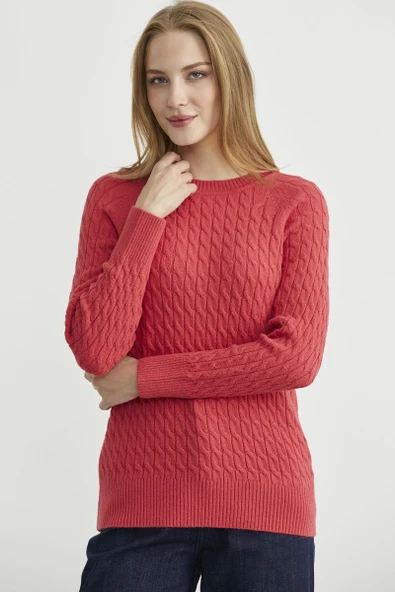 Saç Örgü Motifli Yuvarlak Yaka Triko Kazak - Gül - Resim 3