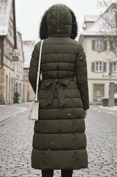 Kışlık Tam Boy Kürklü Şişme Kadın Mont - Resim 3