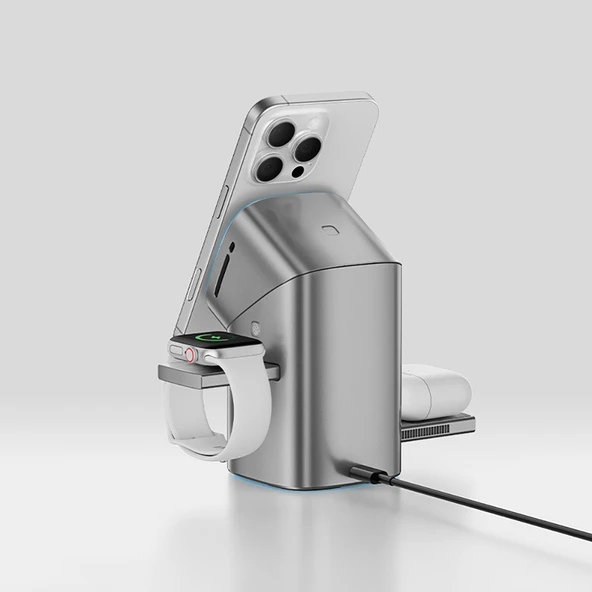 Recci RW05 Qi2 Şarj Teknolojili Ambiyans Işıklı Telefon&Akıllı Saat&Kulaklık 15W 3in1 Kablosuz Şarj Standı - Resim 10