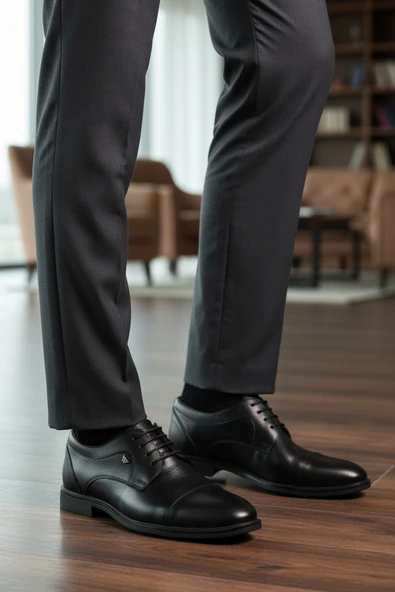 Aspor Siyah Hakiki Deri Erkek Klasik Ayakkabı - Resim 3