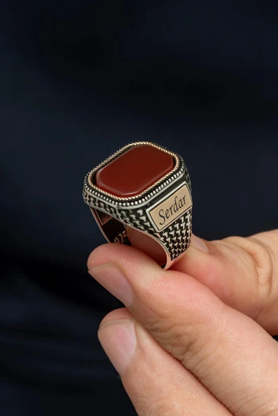 İsimli Akik Taşlı Kişiye Özel 925 Erkek Gümüş Yüzük ürün görseli