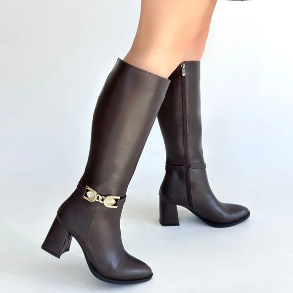 Pabucmarketi Kahverengi Fermuarlı Kadın Topuklu Çizme - Resim 4