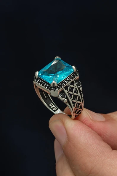 Kare Aqua Mavi Taşlı 925 Erkek Gümüş Yüzük ürün görseli