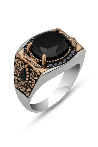 Siyah Taşlı 925 Erkek Gümüş Serçe Parmak Yüzüğü - Resim 2