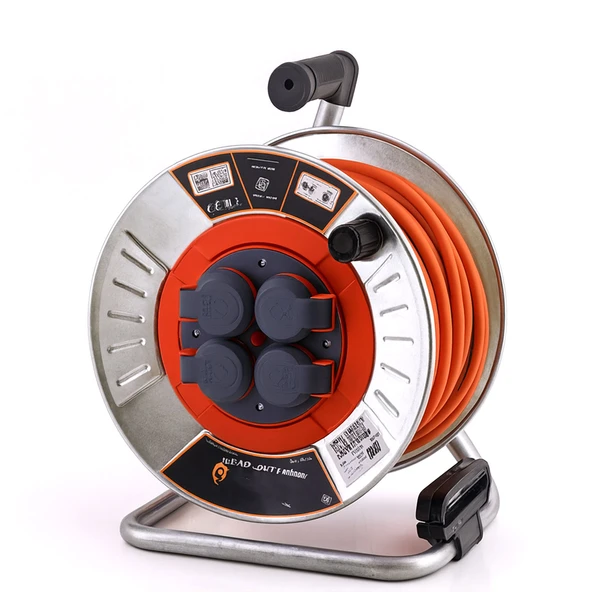 Metal Makaralı Uzatma Kablosu % 100 BAKIR 40 Metre 3x2.5 mm Termal Sigortalı Seyyar Kapaklı 4 Prizli - Resim 8