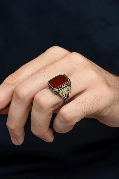 İsimli Akik Taşlı Kişiye Özel 925 Erkek Gümüş Yüzük - Resim 4