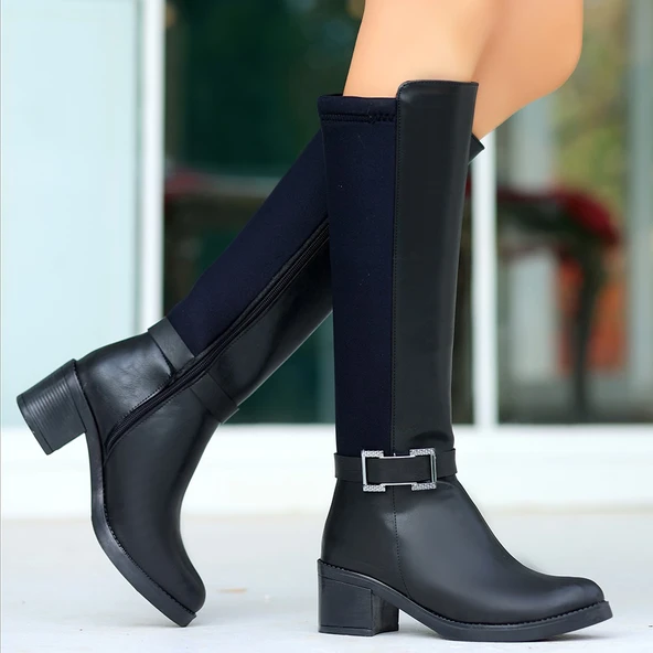 Pabucmarketi Siyah Fermuarlı Kadın Topuklu Çizme - Resim 5