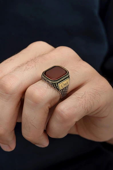 İsimli Akik Taşlı Kişiye Özel 925 Erkek Gümüş Yüzük - Resim 3