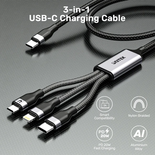 UNITEK TYPE-C 3in1 HIZLI SARJ KABLOSU 1.5MT 20W MICRO USB, TYPE-C, LIGHTNING C14101AGY01-1.5M - Resim 4