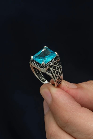 Kare Aqua Mavi Taşlı 925 Erkek Gümüş Yüzük - Resim 4