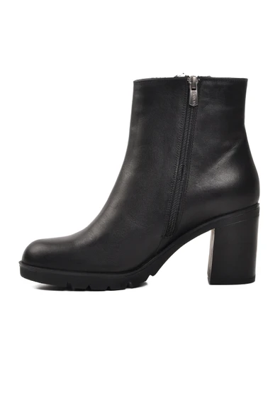 Venüs Siyah Hakiki Deri Fermuarlı Kadın Topuklu Bot - Resim 2