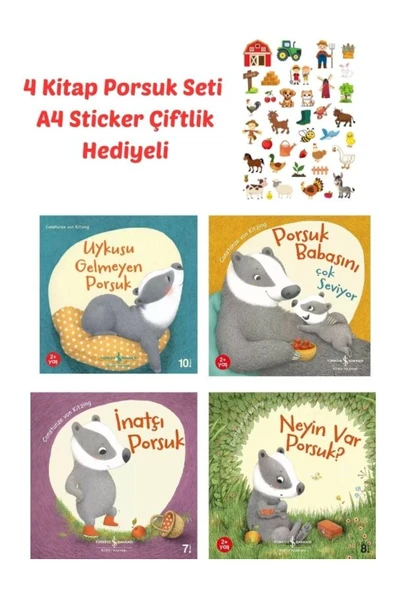 Sticker Hediyeli 4 Kitap PorsukSet , İnatçı, Neyin var, Babasını Çok Seviyor, Uykusu Gelmeyen Porsuk ürün görseli