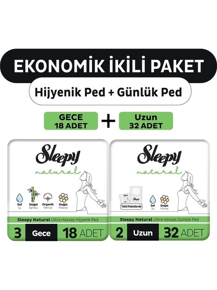 Sleepy Ekonomik İkili Paket (Natural Ultra Hassas Hijyenik Ped Gece 18'li + Günlük Ped Normal 32'li) ürün görseli 1