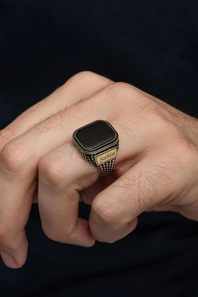 İsimli Siyah Oniks Taşlı Kişiye Özel 925 Erkek Gümüş Yüzük - Resim 2