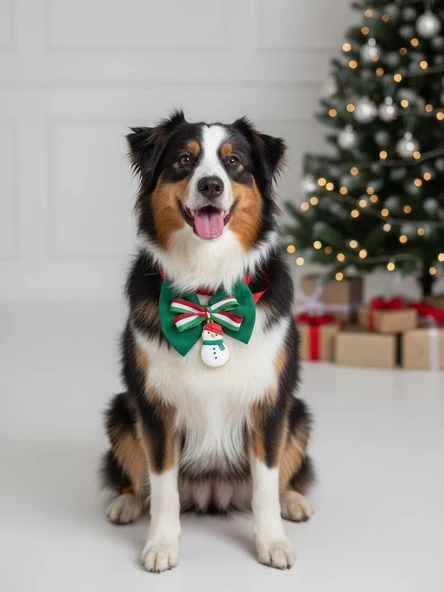 Kardan Adam Köpek Papyon Tasması |  Yeşil Kırmızı Fiyonk Boyun Aksesuarı | Noel Temalı Köpek Süsü | Orta ve Büyük Irklar İçin - Resim 5