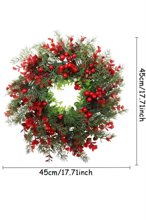 45 cm (17.71 inç) Festive Yapay Noel Çelengi – Çam Yaprakları ve Kırmızı Meyveler | Klasik Duvar & Kapı Süsü | Elektrik Gerektirmez | Ev ve Parti Dekoru için İdeal - Resim 4