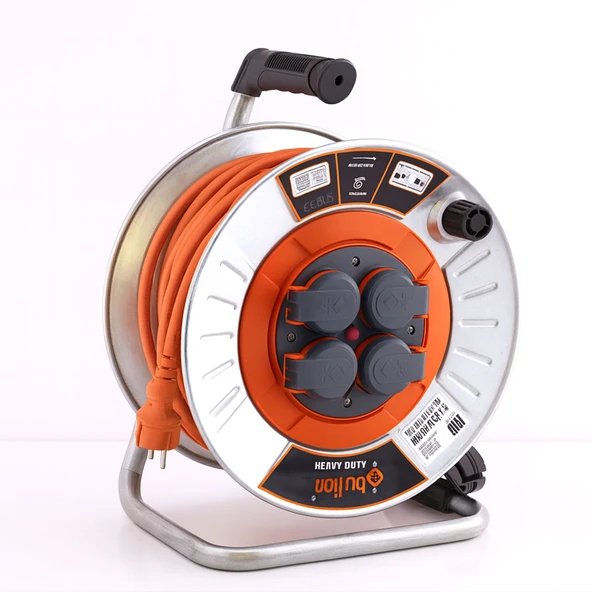 Metal Makaralı Uzatma Kablosu % 100 BAKIR 40 Metre 3x2.5 mm Termal Sigortalı Seyyar Kapaklı 4 Prizli ürün görseli