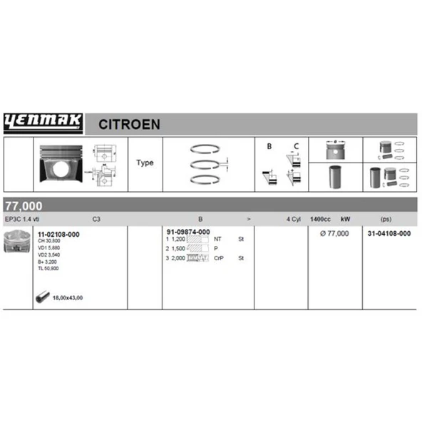 Psa Piston Segman Takımı Std 207 208 308 C3 III C3 Picasso C4 II Ds4 Ds3 Ep3c 1.4vti 16v 95 - Yenmak 36-04108-000 ürün görseli 1