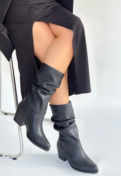 Pabucmarketi Siyah Körüklü Kadın Topuklu Çizme - Resim 2
