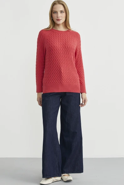 Saç Örgü Motifli Yuvarlak Yaka Triko Kazak - Gül ürün görseli 1