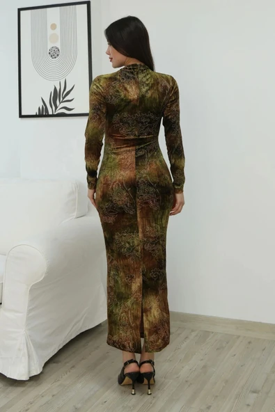 Desenli Büzgü Detaylı Premium Kadife Elbise 6063-Haki - Resim 7