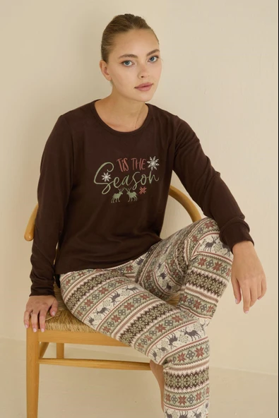 Kadın Bisiklet Yaka Düğmesiz Bilekler Lastikli/Jogger Yumuşak Termal Kışlık Pijama Takımı - Resim 4