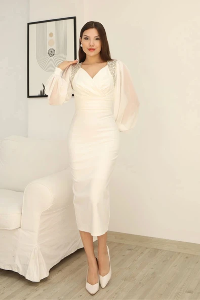 İşlemeli Omuz Detaylı Balon Kollu Kruvaze Yaka Midi Elbise 2326-Beyaz - Resim 3