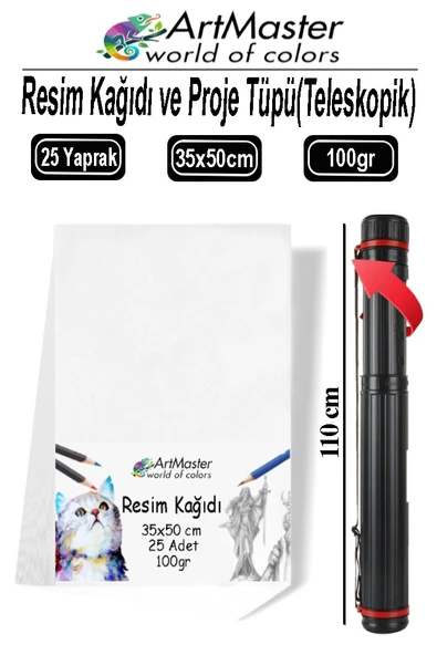 Proje Tüpü Dar 1 Adet 35x50 cm Resim Kağıdı 25 Adet Bazuka Proje Tüpü Silindir ve Resim Kağıdı Seti ürün görseli 1