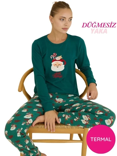 Kadın Bisiklet Yaka Düğmesiz Bilekler Lastikli/Jogger Yumuşak Termal Kışlık Pijama Takımı - Resim 9