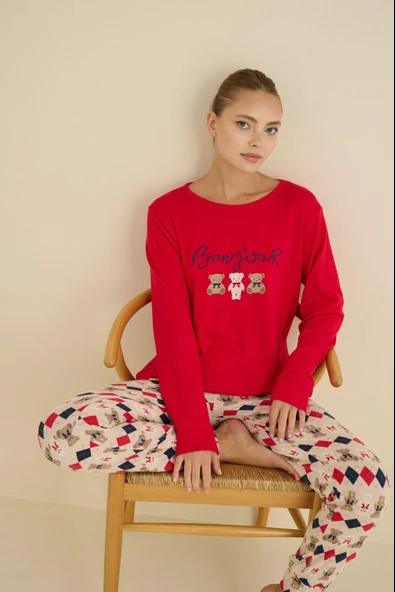 Kadın Bisiklet Yaka Düğmesiz Bilekler Lastikli/Jogger Yumuşak Termal Kışlık Pijama Takımı - Resim 2