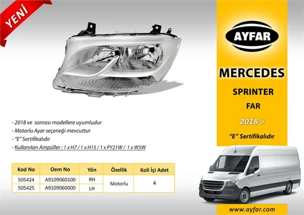 Mercedes Far Sol Mercedes Sprinter 907 910 18> - Ayfar 505425 ürün görseli 1