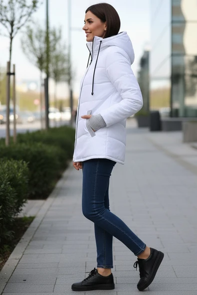 Günlük Su Geçirmez Kışlık Eldivenli Kadın Şişme Beyaz Mont - Resim 5