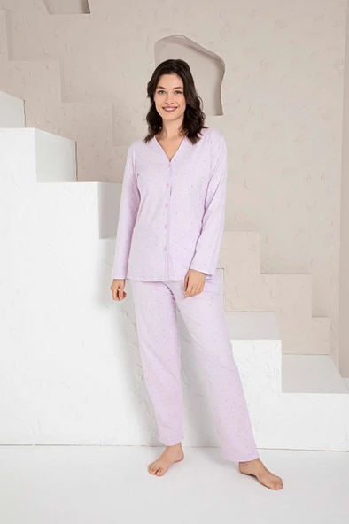 Kadın V Yaka Önden Düğmeli %100 Pamuk Uzun Kol Cepli Pijama Takımı - Resim 4