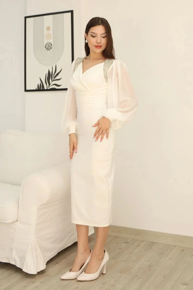 İşlemeli Omuz Detaylı Balon Kollu Kruvaze Yaka Midi Elbise 2326-Beyaz - Resim 4