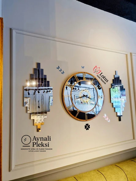 Aynalı Pleksi Duvar Saati Seti - 70 cm Saat (Ceviz Çerçeve ve Rakamlar) + 2'li 70x30 cm Gümüş Tablo ürün görseli 1