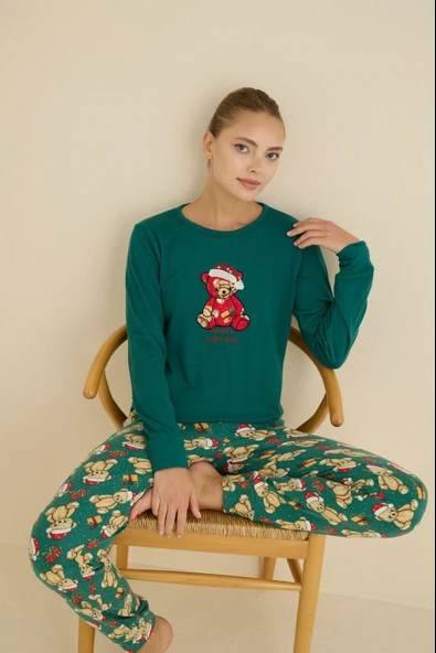 Kadın Bisiklet Yaka Düğmesiz Bilekler Lastikli/Jogger Yumuşak Termal Kışlık Pijama Takımı - Resim 6