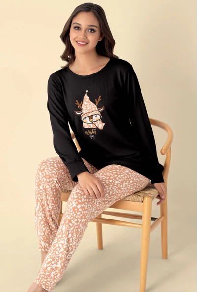 Kadın Bisiklet Yaka Düğmesiz Bilekler Lastikli/Jogger Yumuşak Termal Kışlık Pijama Takımı - Resim 10