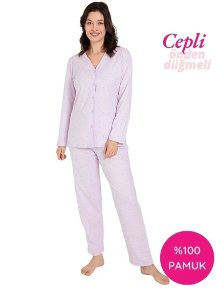 Kadın V Yaka Önden Düğmeli %100 Pamuk Uzun Kol Cepli Pijama Takımı ürün görseli 1