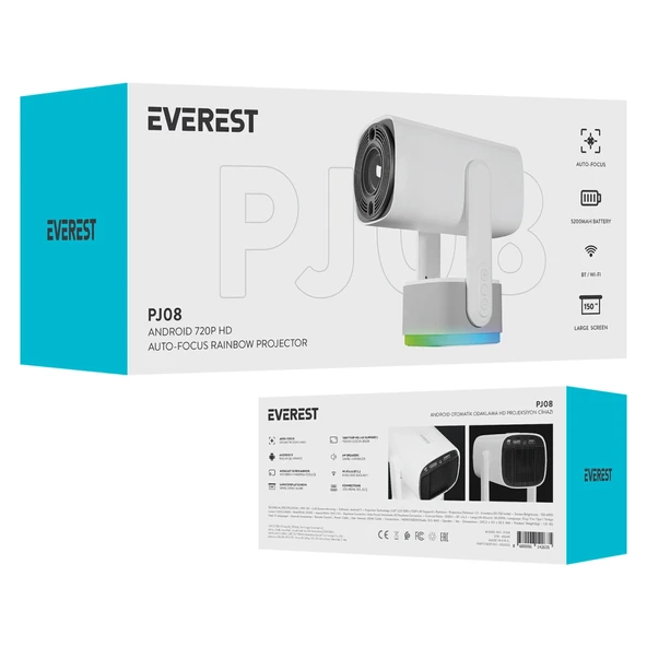 Everest Pj08, Beyaz, 150 Led Lümen, 1280x720, 1xhdmı, 1xusb, Wifi, Bluetooth, 30.000 Saat Led Ömrü, 6w Speaker, 5200mah - Resim 5