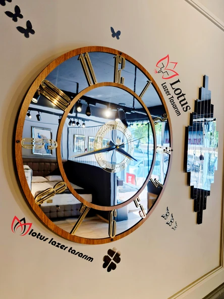 Aynalı Pleksi Duvar Saati Seti - 70 cm Saat (Ceviz Çerçeve ve Rakamlar) + 2'li 70x30 cm Gümüş Tablo - Resim 4