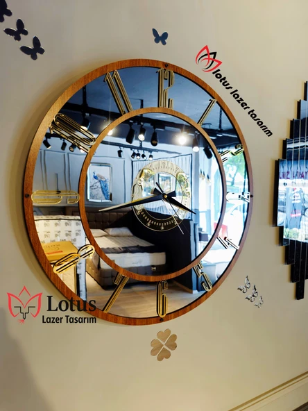 Aynalı Pleksi Duvar Saati Seti - 70 cm Saat (Ceviz Çerçeve ve Rakamlar) + 2'li 70x30 cm Gümüş Tablo - Resim 3