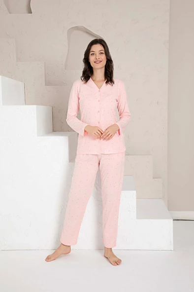 Kadın V Yaka Önden Düğmeli %100 Pamuk Uzun Kol Cepli Pijama Takımı - Resim 3