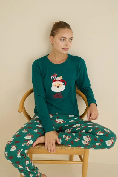 Kadın Bisiklet Yaka Düğmesiz Bilekler Lastikli/Jogger Yumuşak Termal Kışlık Pijama Takımı - Resim 8