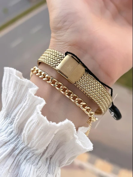 Daniel Klein 2 Yıl Garantili Hasır Kordon 3 Atm Suya Dayanıklı Kadın Kol Saati+Bileklik F.Z.10970.4 - Resim 3