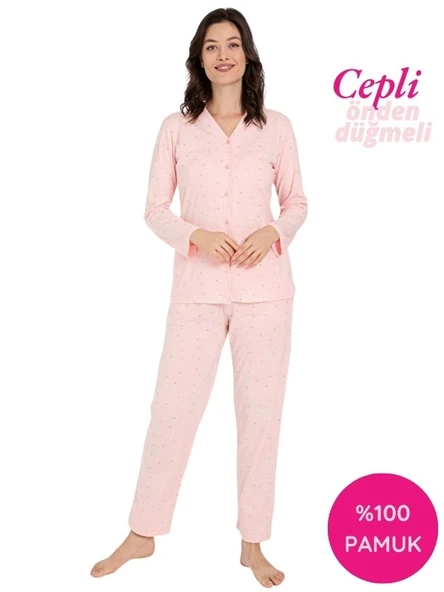 Kadın V Yaka Önden Düğmeli %100 Pamuk Uzun Kol Cepli Pijama Takımı - Resim 8
