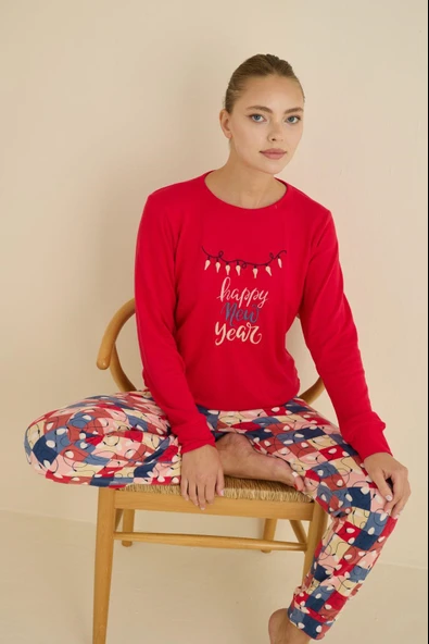 Kadın Bisiklet Yaka Düğmesiz Bilekler Lastikli/Jogger Yumuşak Termal Kışlık Pijama Takımı - Resim 7