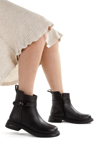 Siyah Hakiki Deri Topuksuz Günlük Kadın Bot Ar26 - Resim 3